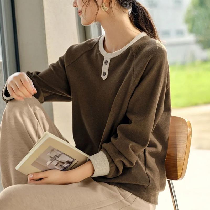 Sweatshirt for Women Cotton Oversize Loose Casual Pullove Color-Blocked Collared Long Sleeve Top Sweatshirt