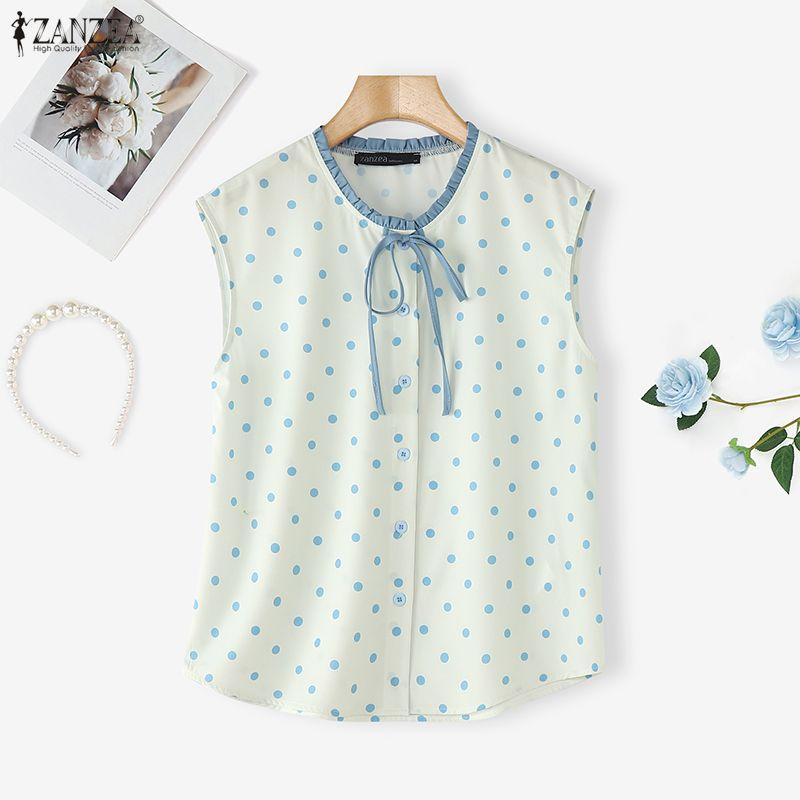 ZANZEA Women Casual Round Neck Sleeveless Polka Dot Print Tank Tops