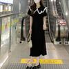 Vintage Peter Pan Collar Spliced Dresses Summer French Style Short Sleeve Women's Elegant A-Line Waist Basic Midi Dress