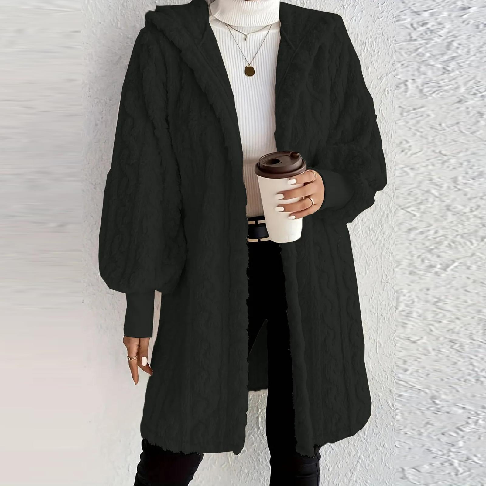 

Женская модная однотонная флисовая куртка с капюшоном и длинными рукавами свободного кроя S чёрный