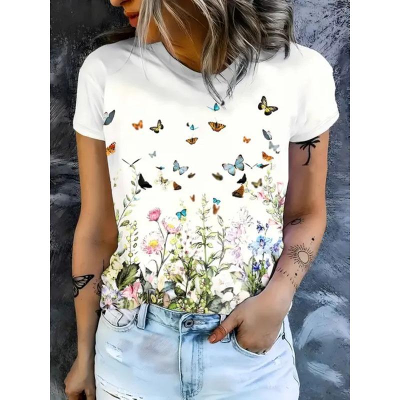 Summer Fashion Casual Butterfly Print Comfortable Soft Breathable Loose Simple Women's T-shirt