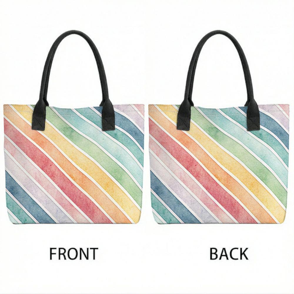 Watercolor Rainbow Striped Canvas Tote Bag Large Capacity Fashion Casual Portable Shoulder Handbag for Daily Use