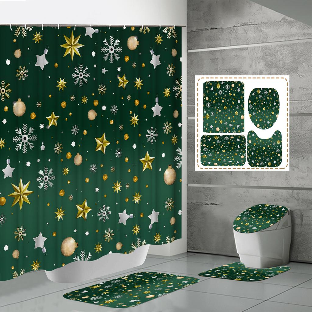 4PCS Shower Curtain Sets With Shower Curtain And Rugs Toilet Lid Rug U Shape Mat And Bath Mat Bathroom Set With 12 Hooks