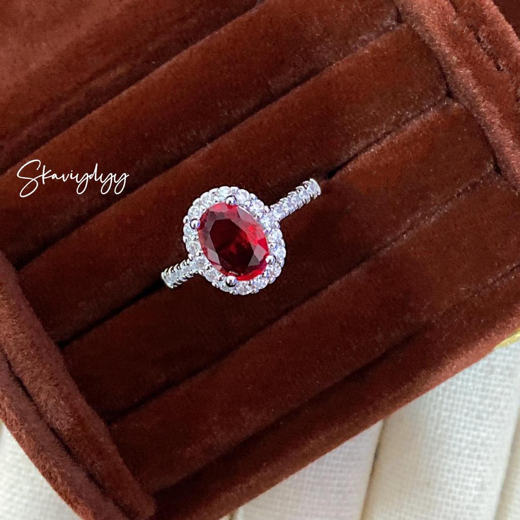 Elegant Oval Simulated Ruby Ring with Zirconia Gems and Red Corundum Tourmaline for Women