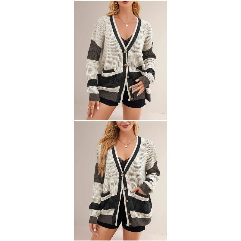 Women S V Neck Oversized Color Block Knit Cardigan Sweater