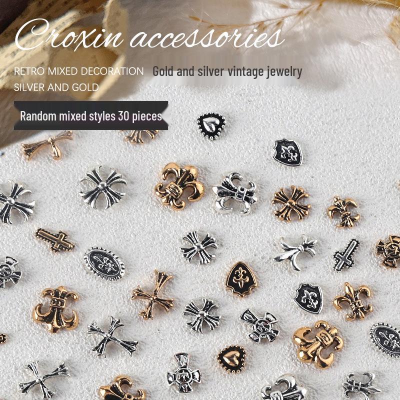 

Vintage Alloy Nail Charms: Chrome Hearts & Dark Punk Metal Cross Set (30 Pieces)