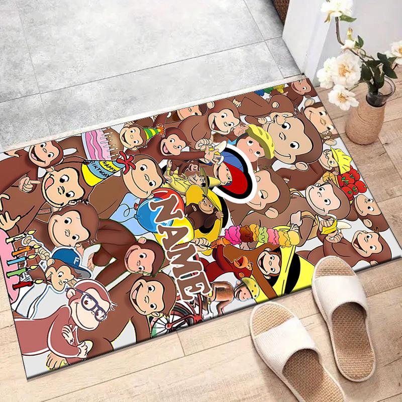 Custom Curious George Mat Personalized Name, Polyester Washable Indoor Entryway Rug, Gift for Christmas, Easter, Thanksgiving Day