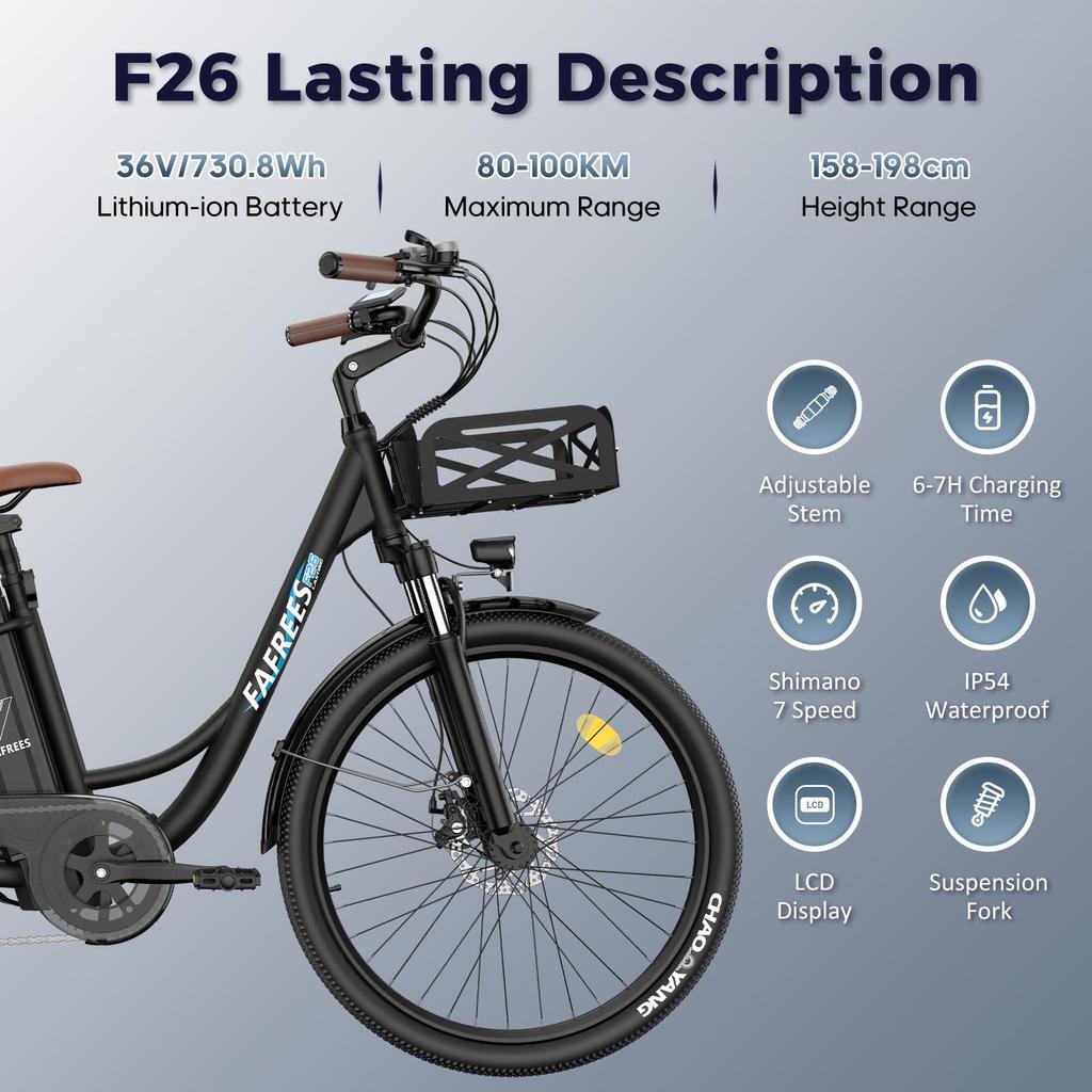 Electric Bicycle FAFREES F26 Lasting 250W Motor 36V20.3Ah Battery 26*1.95'' Tires 25km/h Max Speed 140km Range SHIMANO 7 Speed