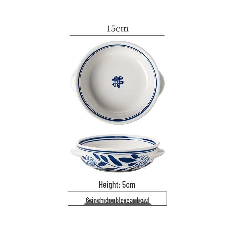 Retro Blue & White Porcelain Double Ear Round Jar - Large Deep Soup or Rice Bowl, Creative Ceramic Tableware for Hotels & Restaurants