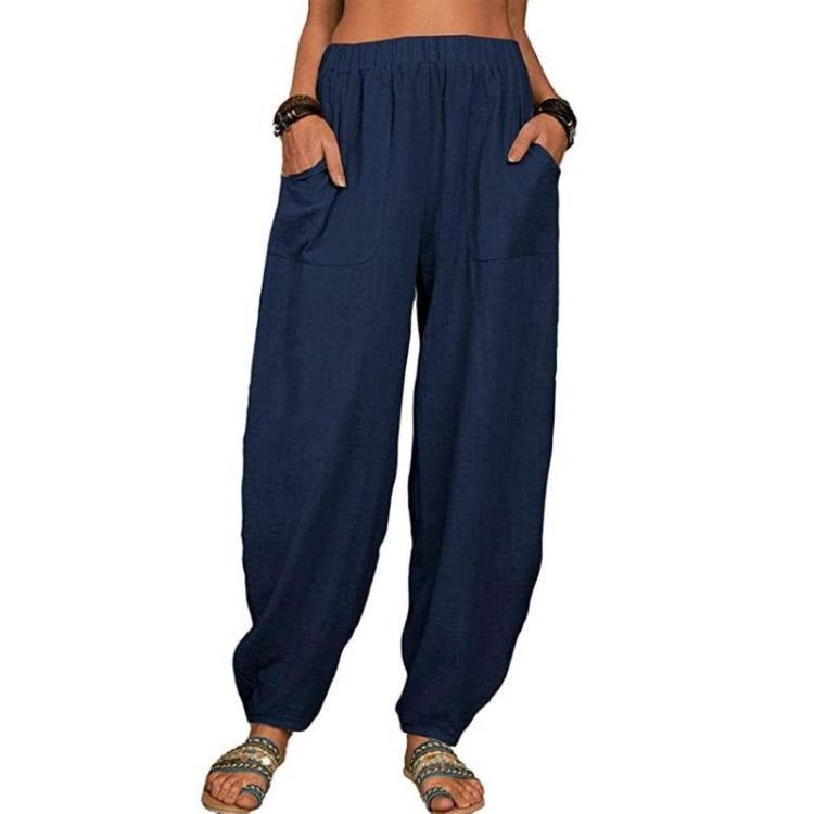 Summer Casual Women's Cotton Linen Elastic Waist Wide Leg Retro Harem Pants Large Size Home Pants