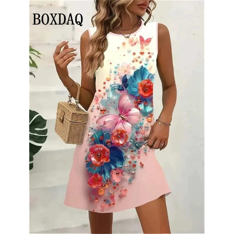 

Flowers Butterfly Print Dresses For Summer 2025 Women Vintage Sleeveless Mini Dress Casual Vest Loose Beach Short Dress Sundress L