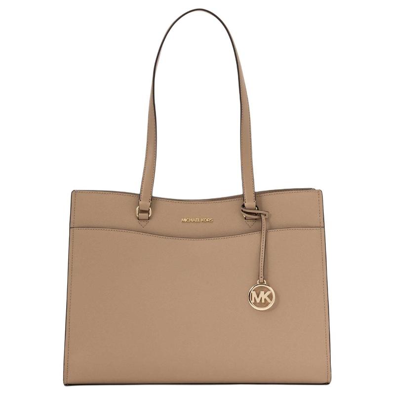 Michael Kors Jet Set Travel Logo Pendant Double Shoulder Strap Design Cow Leather Tote Shoulder Bag Large Women's Light Khaki