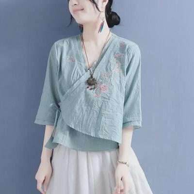 2024 Summer Women’s Chinese Style Embroidered Slant-Breasted Lace-Up Mid-Sleeve Cotton Linen Zen Shirt