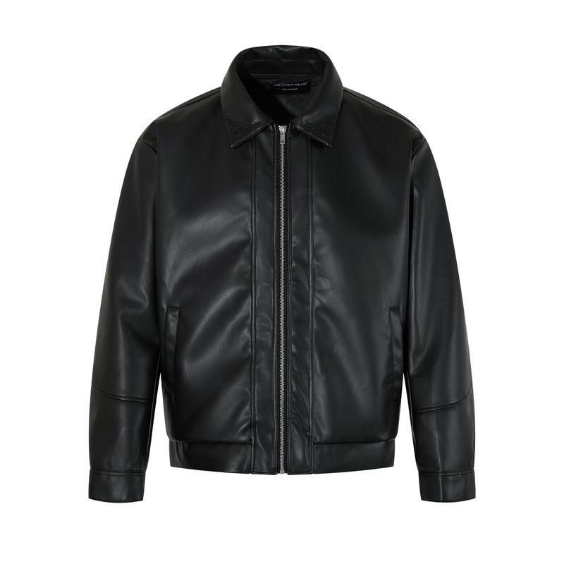 

Kisko Куртка из черной кожи в американском стиле, вышитая цветами, с лацканами, высокого класса, для мужчин и женщин, крутая повседневная куртка на молнии Black X L