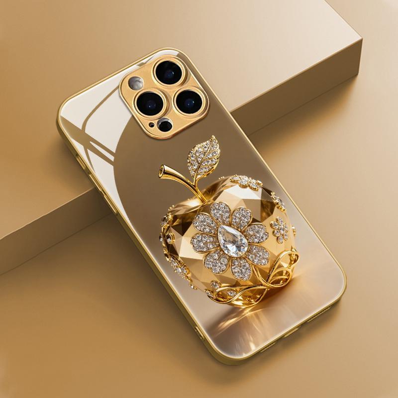 Luxury Crystal For Apple Pattern Metallic Paint Glass Phone Case For iPhone 17 16 15 14 13 12 11 Pro Max 14 Plus 17Air 16E Cover