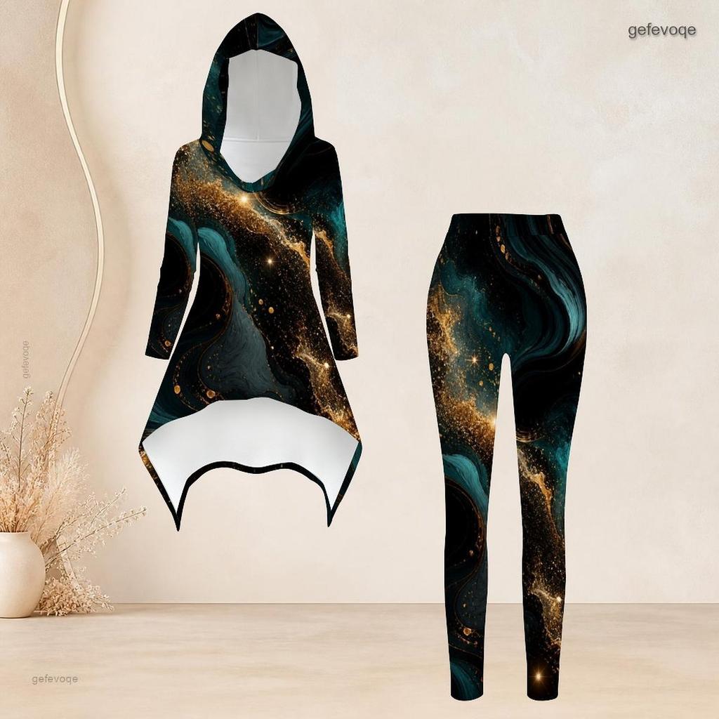 Women Plus Size Red Black Printed Hooded Long Sleeve High Low Top Fitted Pants Two Piece Set