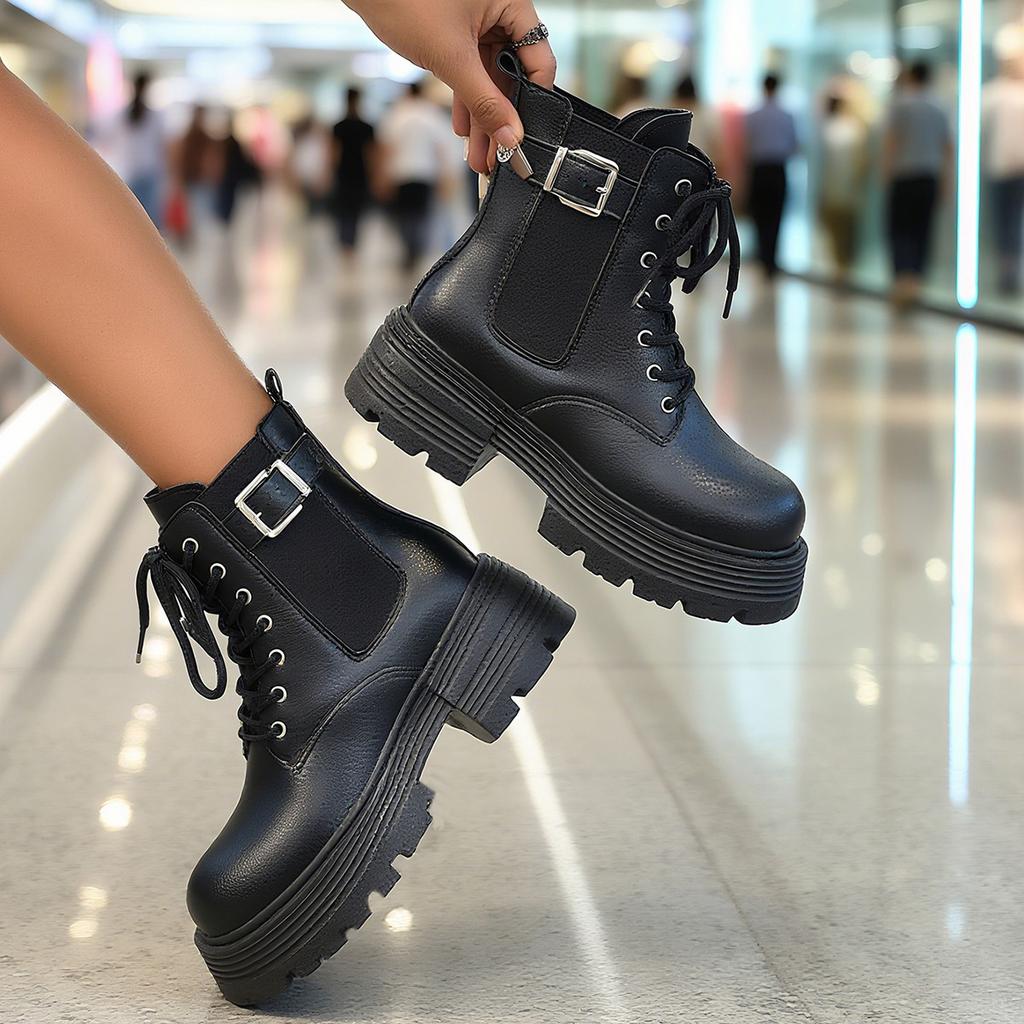 Autumn and winter new British style thick-soled large-size women's boots belt buckle front lace-up short boots women's Martin boots