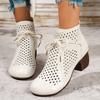 Women'S Breathable Cut-Out Chunky Heel Ankle Boots - Soft Synthetic Cover Round Toe Lace-Up Boots with Thick Rubber Sole for Casual & Formal Outfits