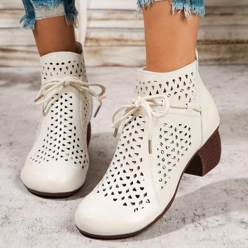 Women'S Breathable Cut-Out Chunky Heel Ankle Boots - Soft Synthetic Cover Round Toe Lace-Up Boots with Thick Rubber Sole for Casual & Formal Outfits