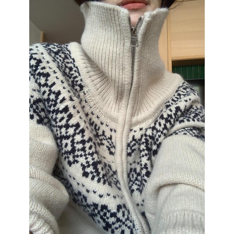 Fair Isle Jacquard Zipper Knitted Cardigan Autumn and Winter New Top Christmas Retro Sweater