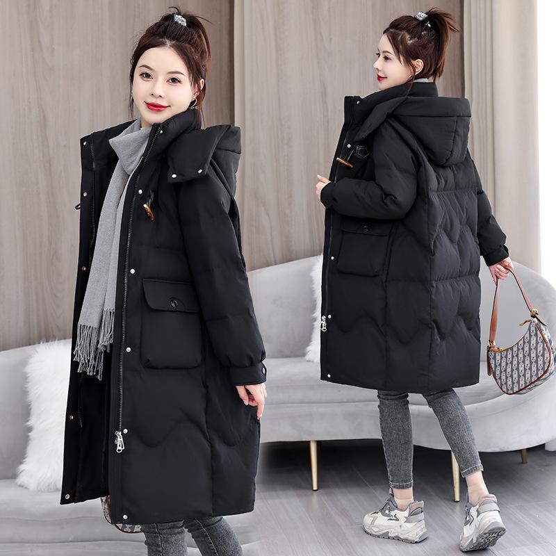 Autumn and Winter Women's Coat Horn Button Hooded Mid-length Loose Coat Thickened Warm Women's Jacket