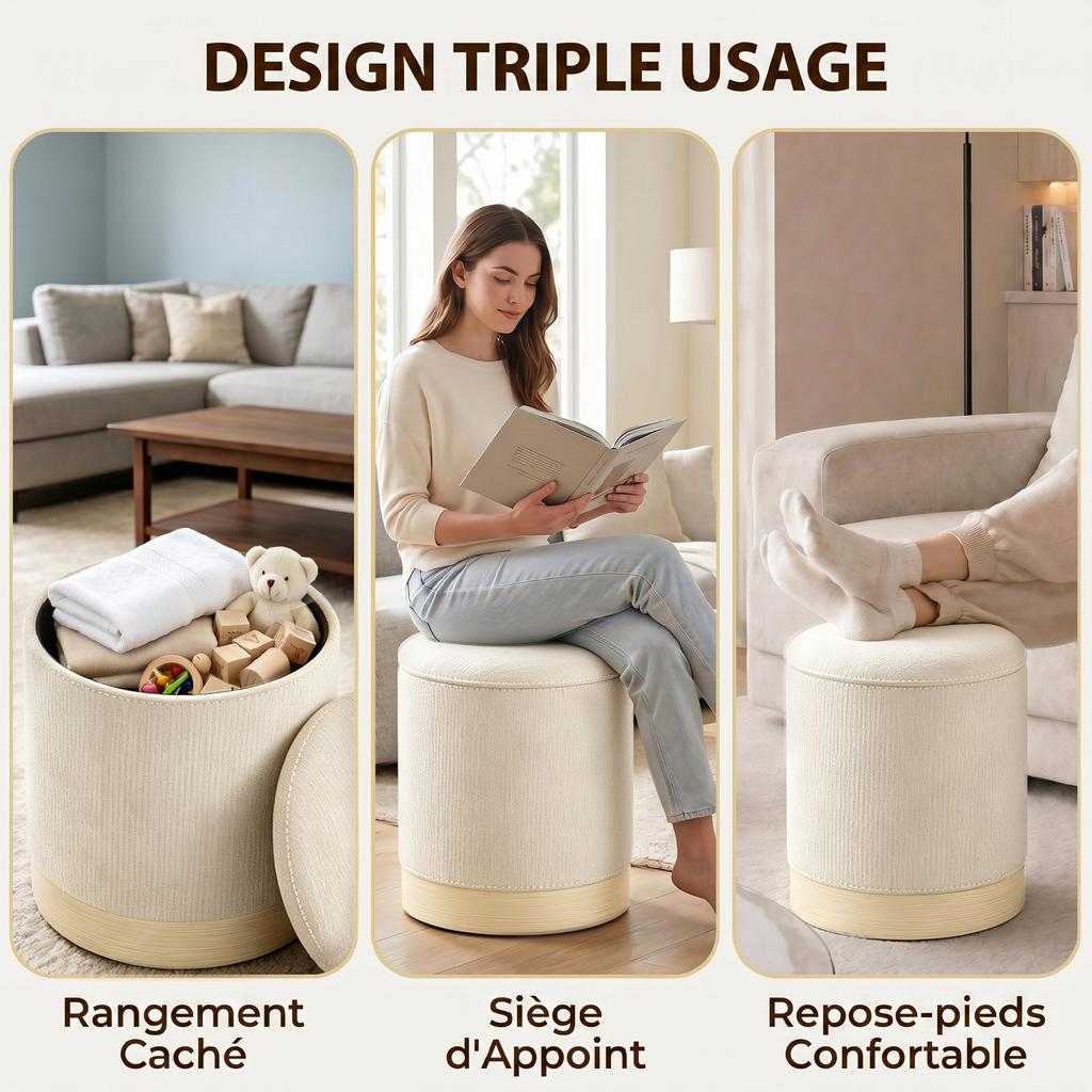 Storage Ottoman, Round Chenille Stool, Wood-Effect Metal Base, Beige