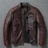The new Khaki cowhide pattern is very good, leather jacket, men's stand-up collar lapel locomotive clothing, middle-aged and young men's leather jacke