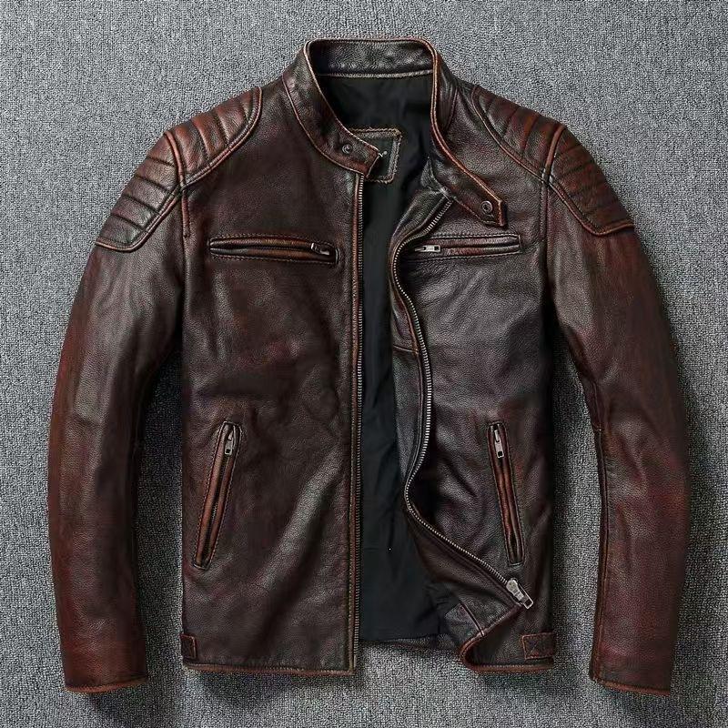 The new Khaki cowhide pattern is very good, leather jacket, men's stand-up collar lapel locomotive clothing, middle-aged and young men's leather jacke