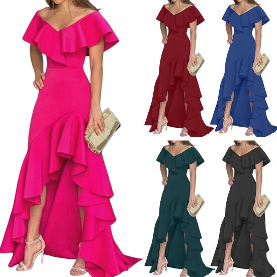 Vysoký pas Pás Těsný Nepravidelný Vysoký Nízký lem Dámské šaty Elegantní Maxi šaty s volánkovým límečkem mimo ramena Dámské oblečení