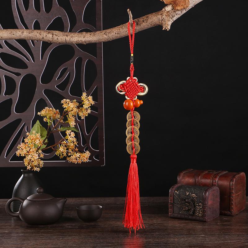 Brass Five Emperors Coins Knot Pendant with Cinnabar Fillable Copper Gourd