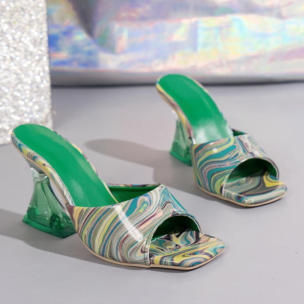 Fashion Women High Heels Slippers New Summer Mix Color Graffiti Sandals Open Toes Squared Toes Transparent Fashion Sandals Slides Women