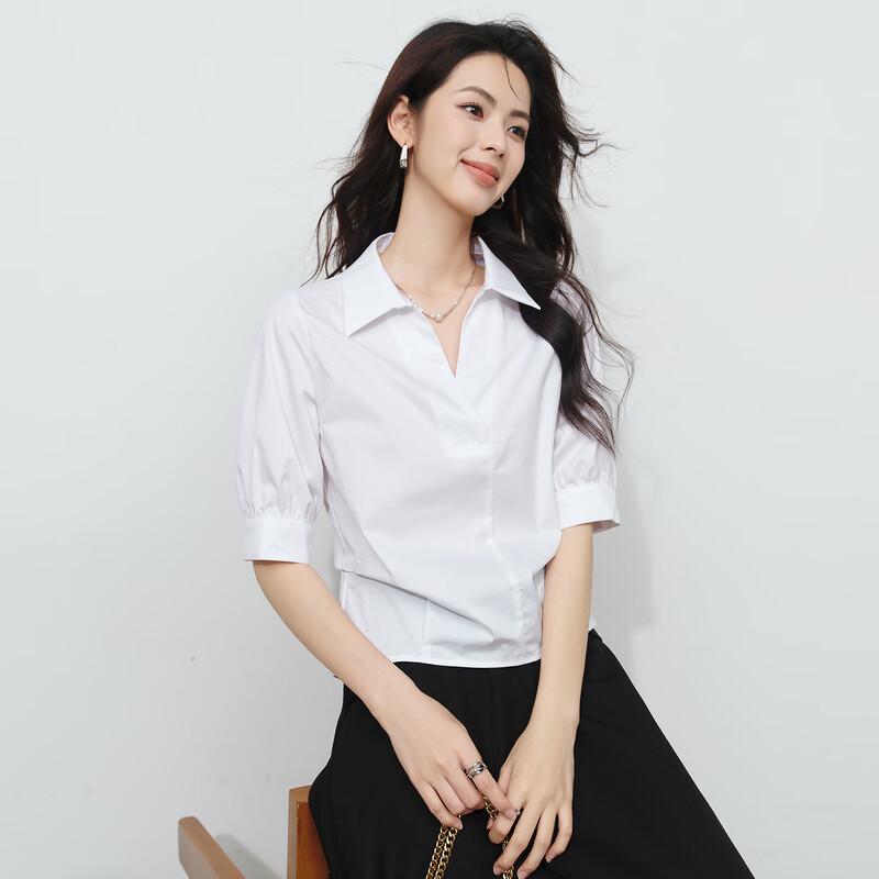 Women s Elegant White V-neck Puff Sleeve Shirt L