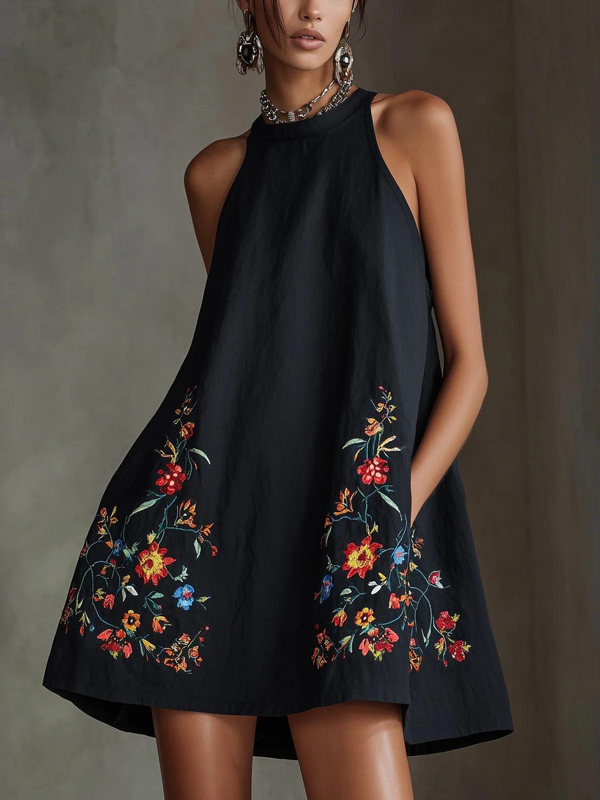 Women Sleeveless Halter Neck Floral Embroidered Shift Dress Solid Color Casual Loose Mini Dress S