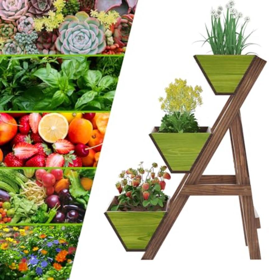 3-Tiers Carbonized Wooden Raised Garden Bed Tiered Planter Box Vertical Garden Planter Wood Plant Stand Kit for Vegetables Flow