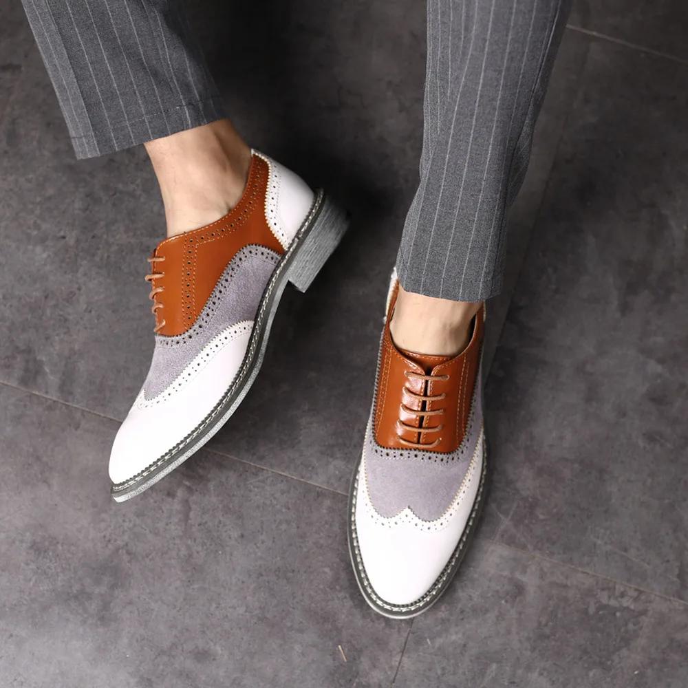 Fashion Large Size Men's Leather Shoes Color Matching Pointed Toe Business Casual Leather Shoes Men's Carved British Retro Shoes
