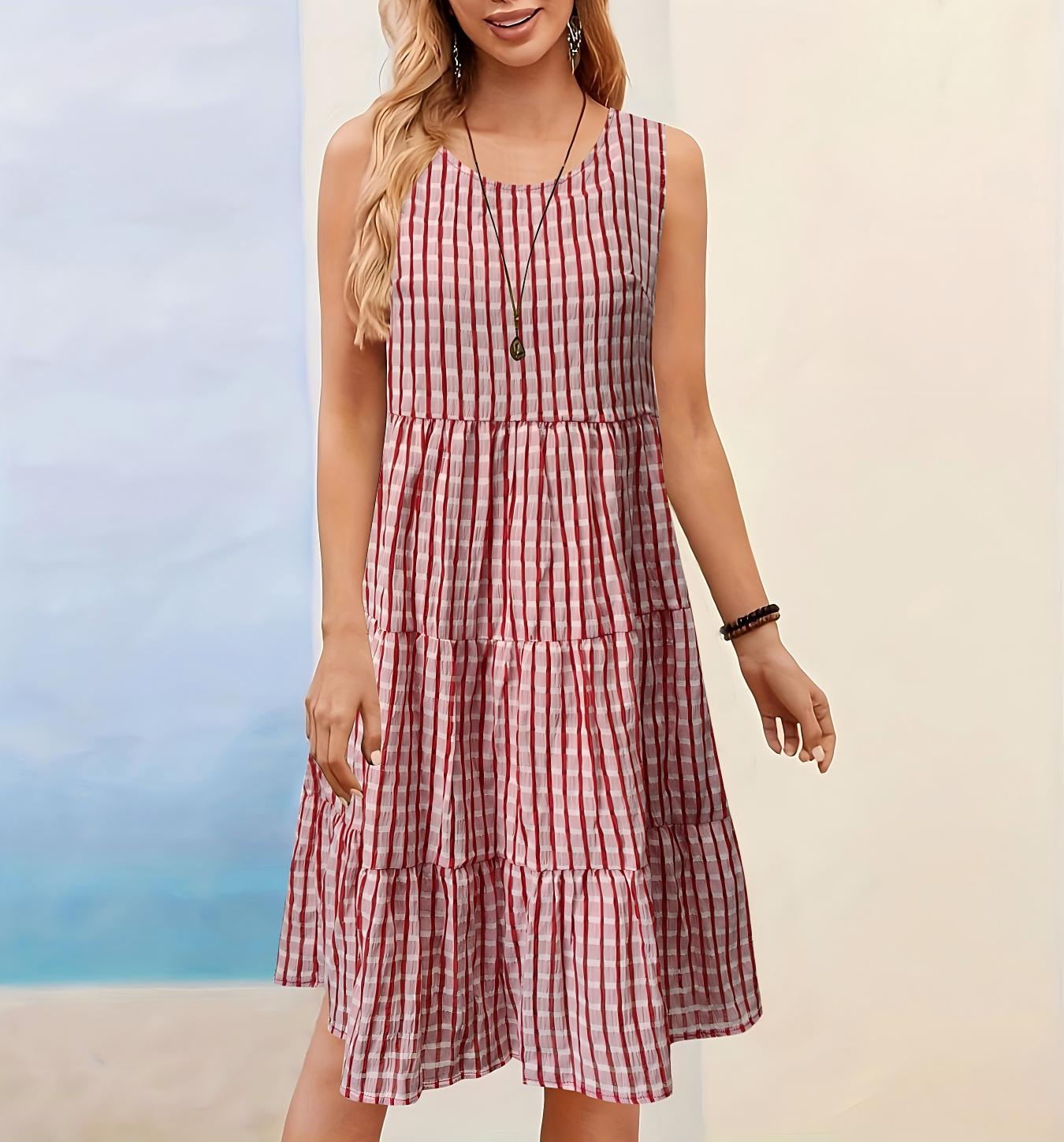 

Spring/Autumn Women s Casual Sleeveless Solid Color Dress with Hollowed-Out Design Small красный