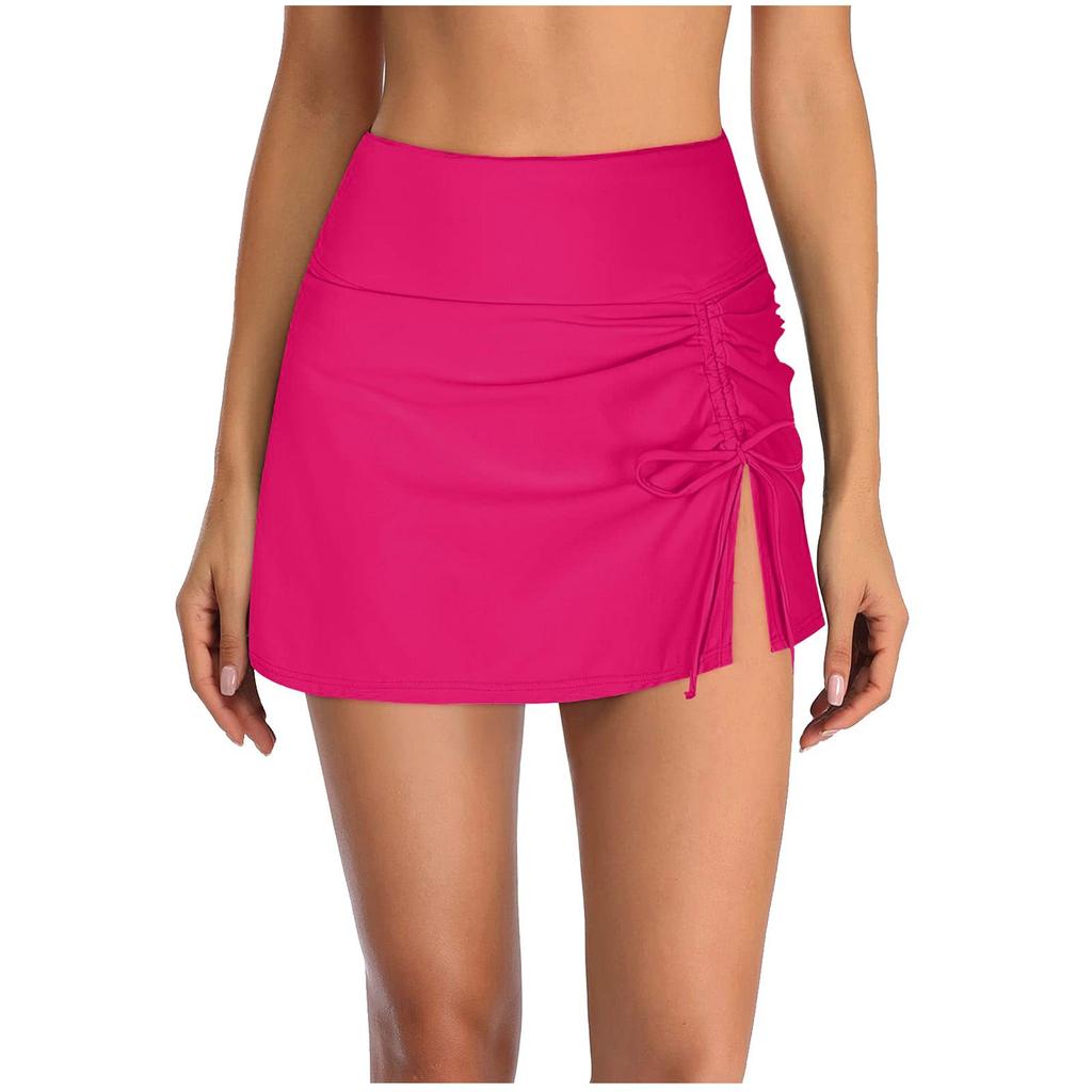 Women's Fashion Sexy Solid Color High Waist Pleated Slit Drawstring Swimming Briefs Double Skirt Swimming Trunks