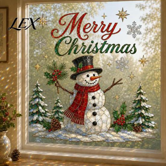 Shopping Mall Christmas Stickers 2Pcs Wall Stickers, Snowy Cottage Tree Self Adhesive Decals, Waterproof PVC Window Clings Snow Scene Holiday