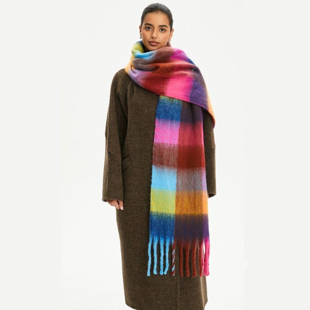 Long Plaid Wool Scarf Mohair Women Cape Elegant Rainbow Tassel Shawl Student