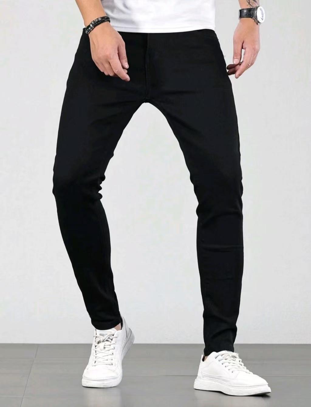 Men S Jindian Black Elastic Skinny Small Foot Jeans New M чёрный