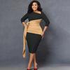 Large Size Women Fashion Patchwork Mid Sleeves Business Dress Ladies Elegant One Piece Skew Collar Sheath Dress