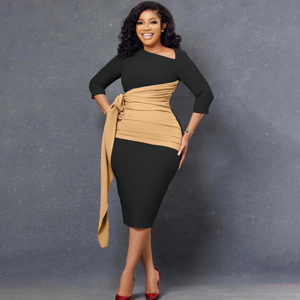 Large Size Women Fashion Patchwork Mid Sleeves Business Dress Ladies Elegant One Piece Skew Collar Sheath Dress