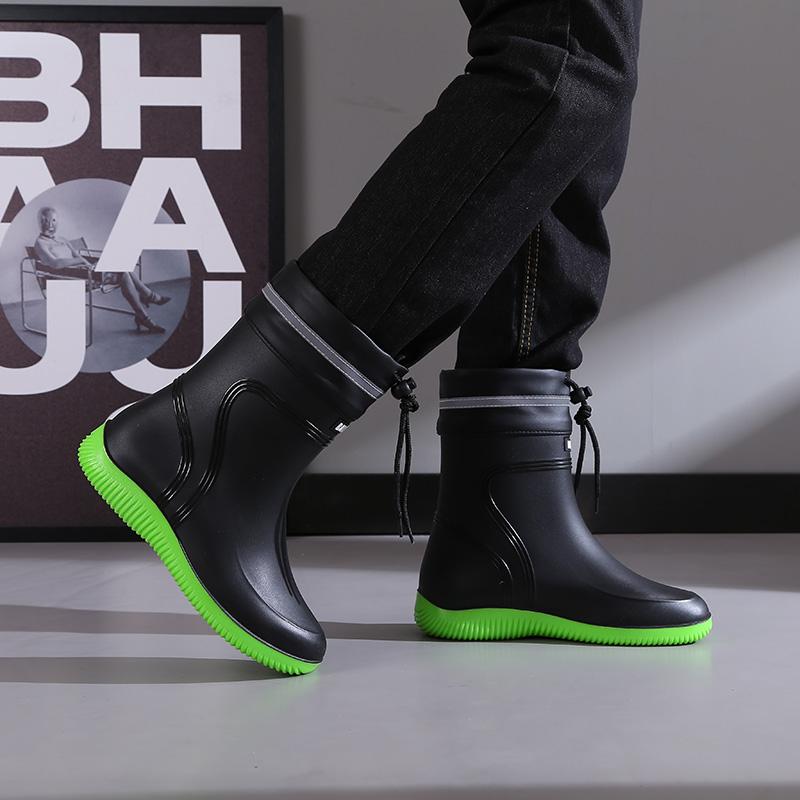 Premium Unisex Waterproof Rain Boots, New Cuff Design, Short/Mid-Calf Length, Drawstring Closure, Non-Slip Rubber Sole.