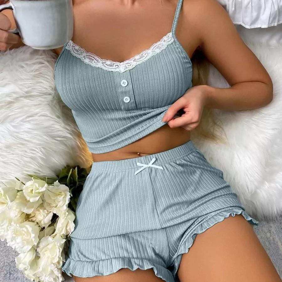 Thin lace suspender shorts pajamas women's two-piece set sexy loungewear European and American new lace