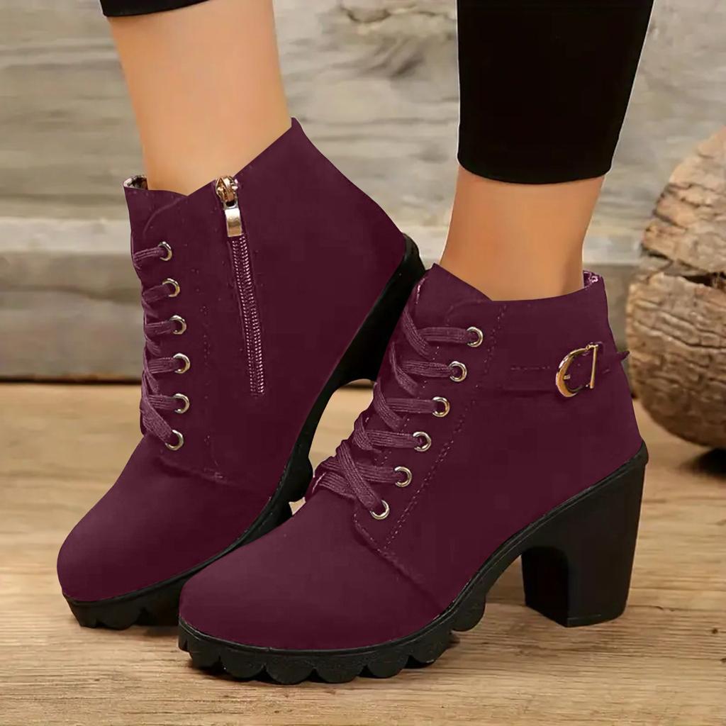 2026 Lederstiefel Damenschuhe Klobige Hohe Absätze Stiefel Modischer Klassischer Stil Atmungsaktive Keilstiefel für Damen Stiefel