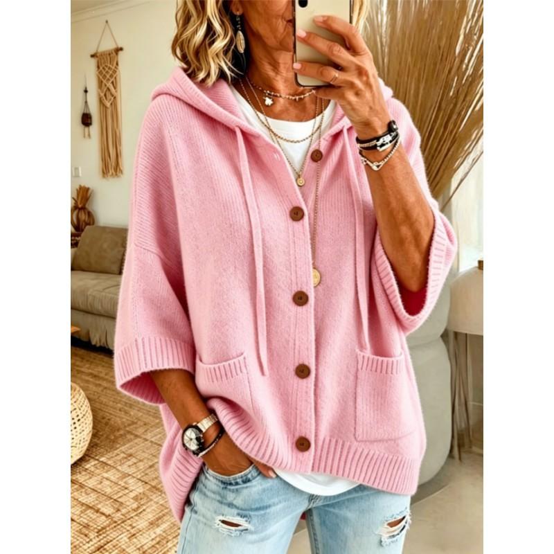 Womens Hooded Knit Cardigan With Drawstring Front Buttons Fall Winter 2026 Casual Batwing Sleeve Sweater