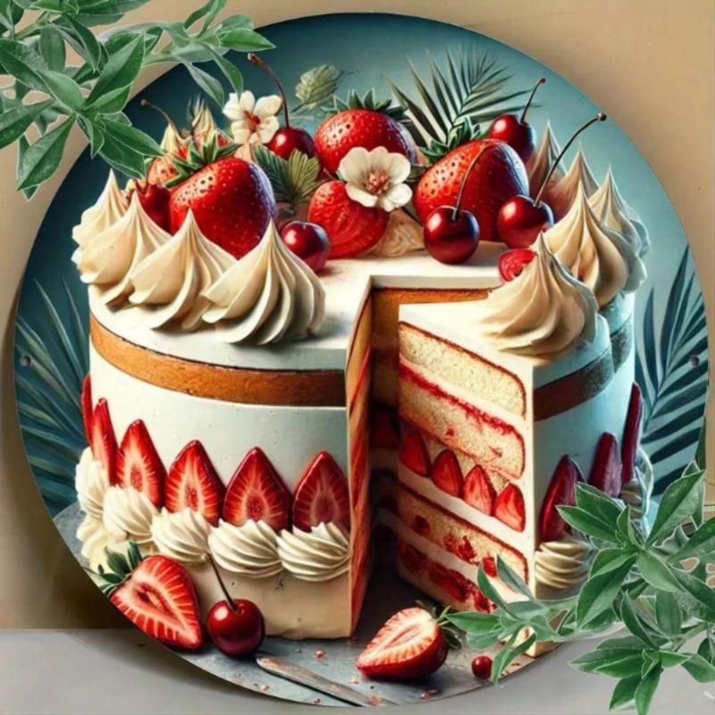Vintage Strawberry Cake Metal Tin Sign Round Wall Decor Iron Art Home Bar Cafe