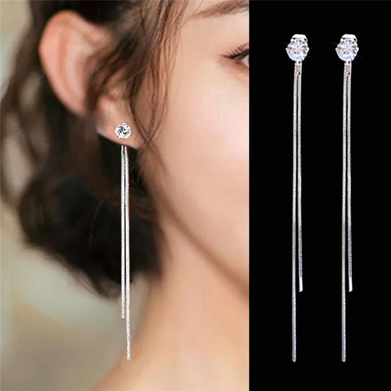 Hangende Oorlijn Lange Hangende Oorbellen voor Vrouwen Roségoud Kleur Zirkonia Kristal Piercing Inrijgoorbel Ooraccessoires Sieraden