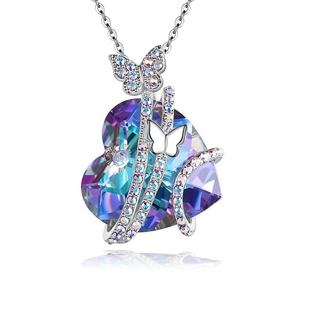 Exquisite Fashion Creative Multicolor Heart Shape Crystal Necklace Colorful Rhinestone Butterfly Ladies Banquet Jewelry Couple