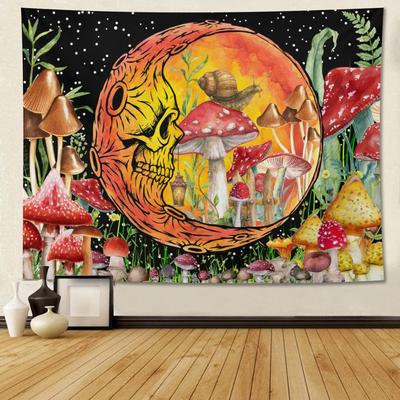 Vintage Witchy Tapestry, Skull Moon With Mushrooms And Snail On Starry Night Wall Art For Dark Academia And Witchy Room Decor